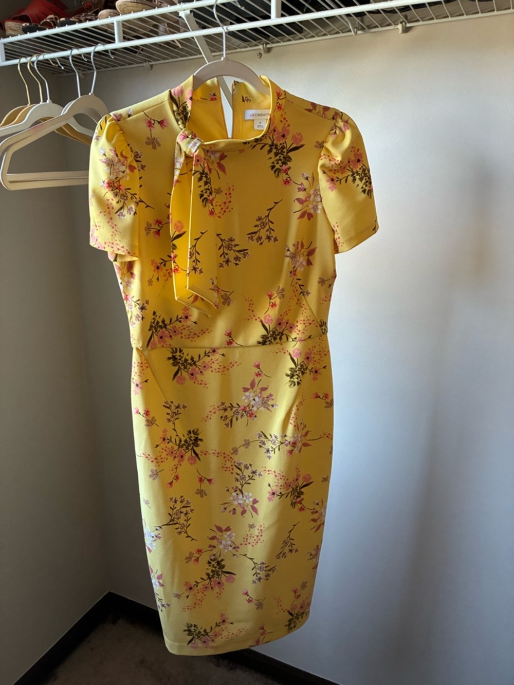 Liz Claiborne Yellow Floral Tie-Neck Midi Dress
